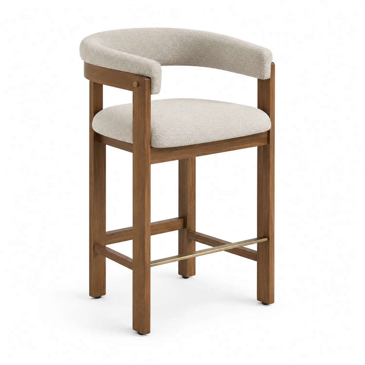Taburete de madera con respaldo curvo y tapizado en beige