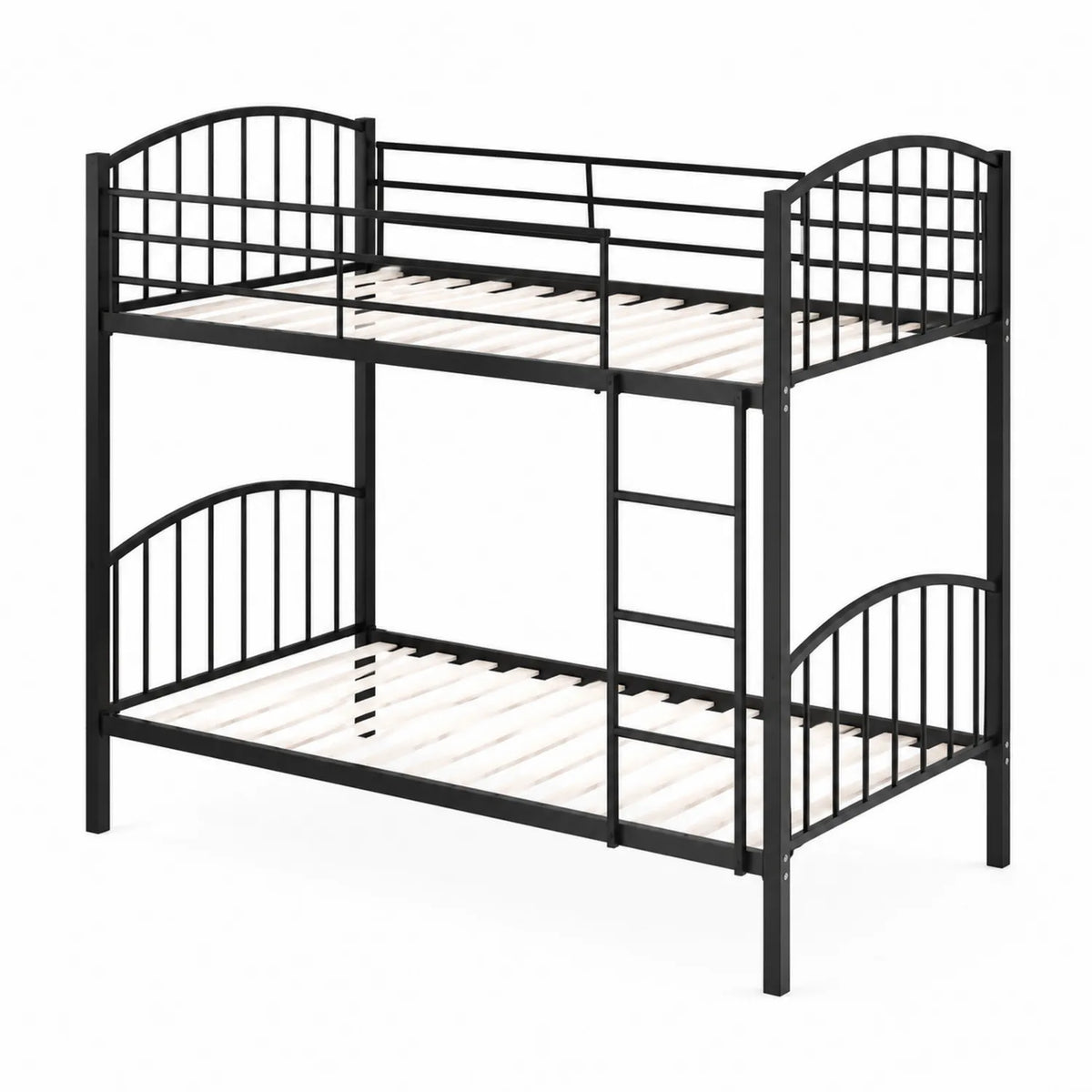 Litera de metal negra con escalera y barreras de seguridad