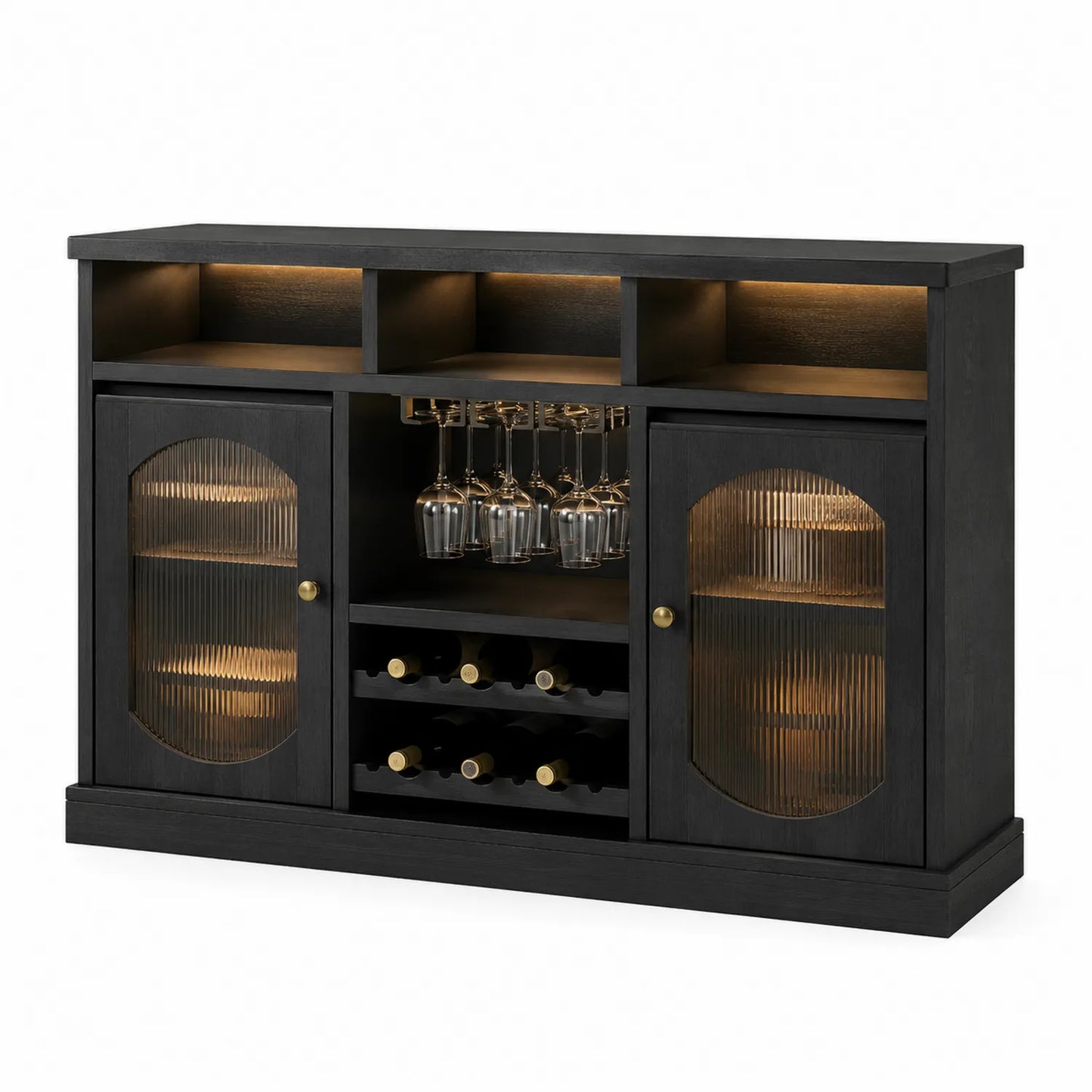Aparador de madera oscura con iluminaci¨®n y espacio para botellas