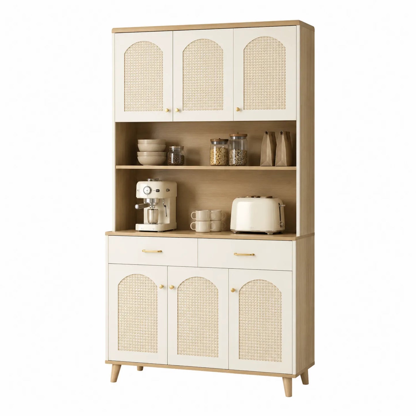 Aparador de Madera y Rat¨¢n con Estantes Blancos 180x80 cm