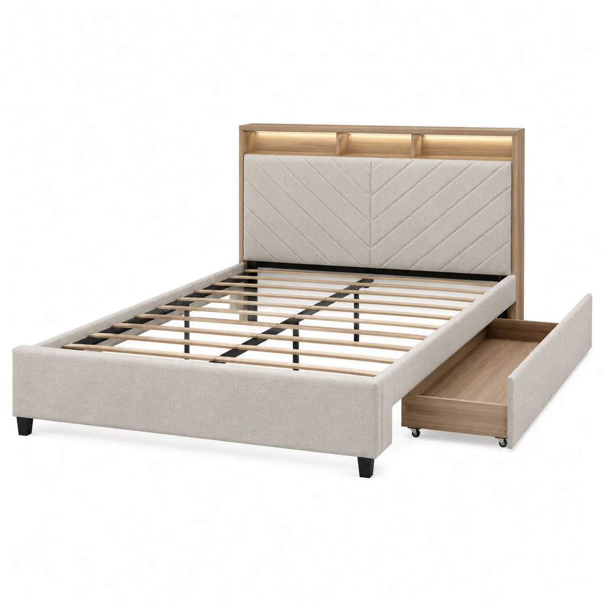 Cama de Lino Beige con Cabecera y Caj¨®n de Almacenamiento 200x160cm