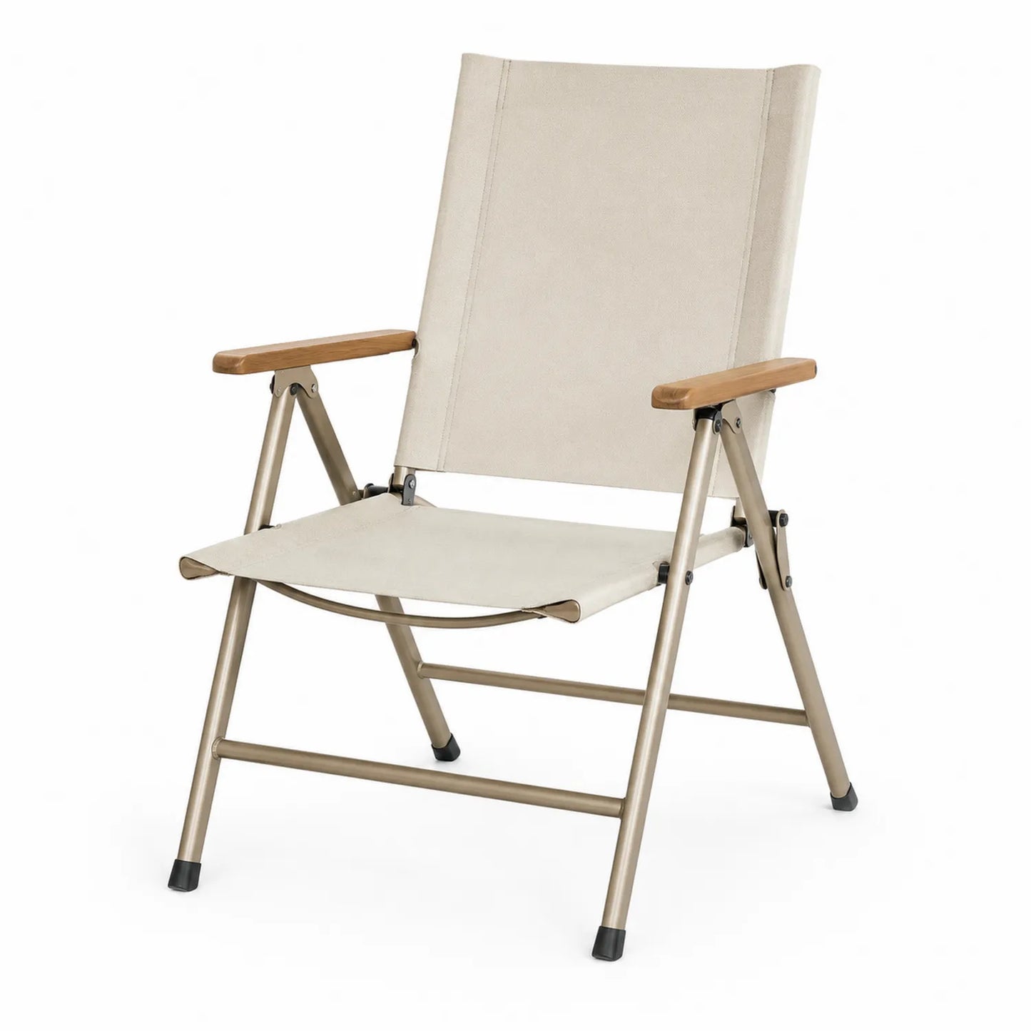 Silla plegable de acero y textileno beige con reposabrazos de madera
