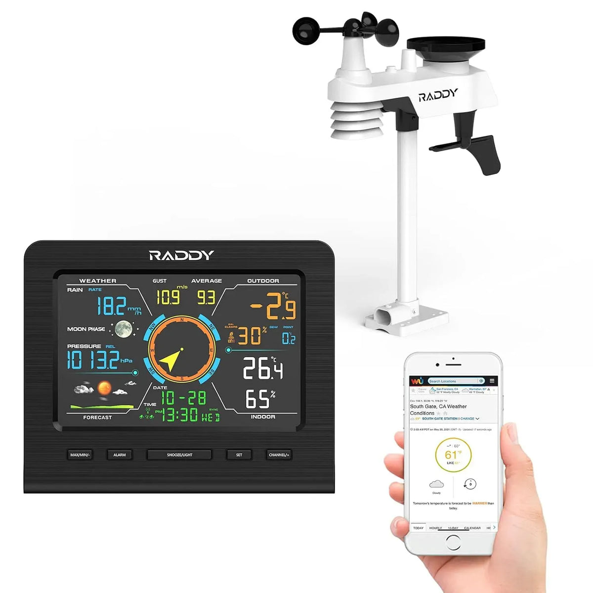 WF-100C Lite Station, Thermomètre, capteur, station météo sans fil, extérieur, Wi-Fi, application, Raddy