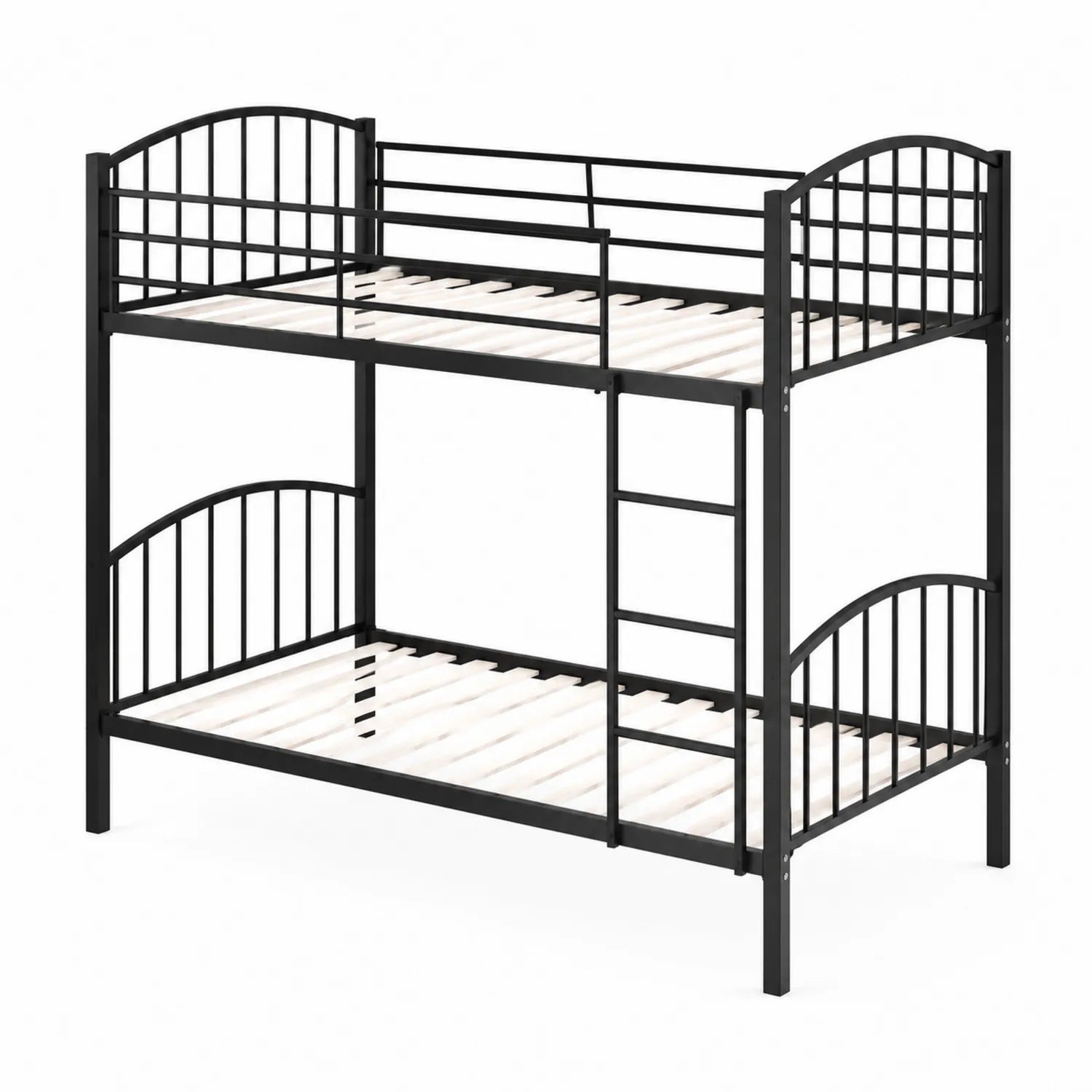 Litera de metal negra con escalera y barreras de seguridad