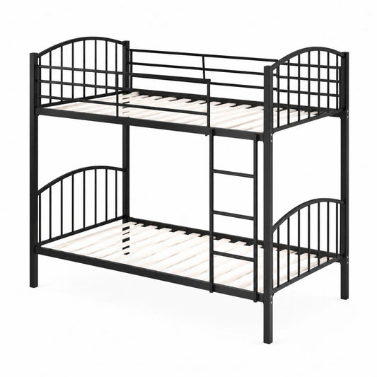Litera de metal negra con escalera y barreras de seguridad
