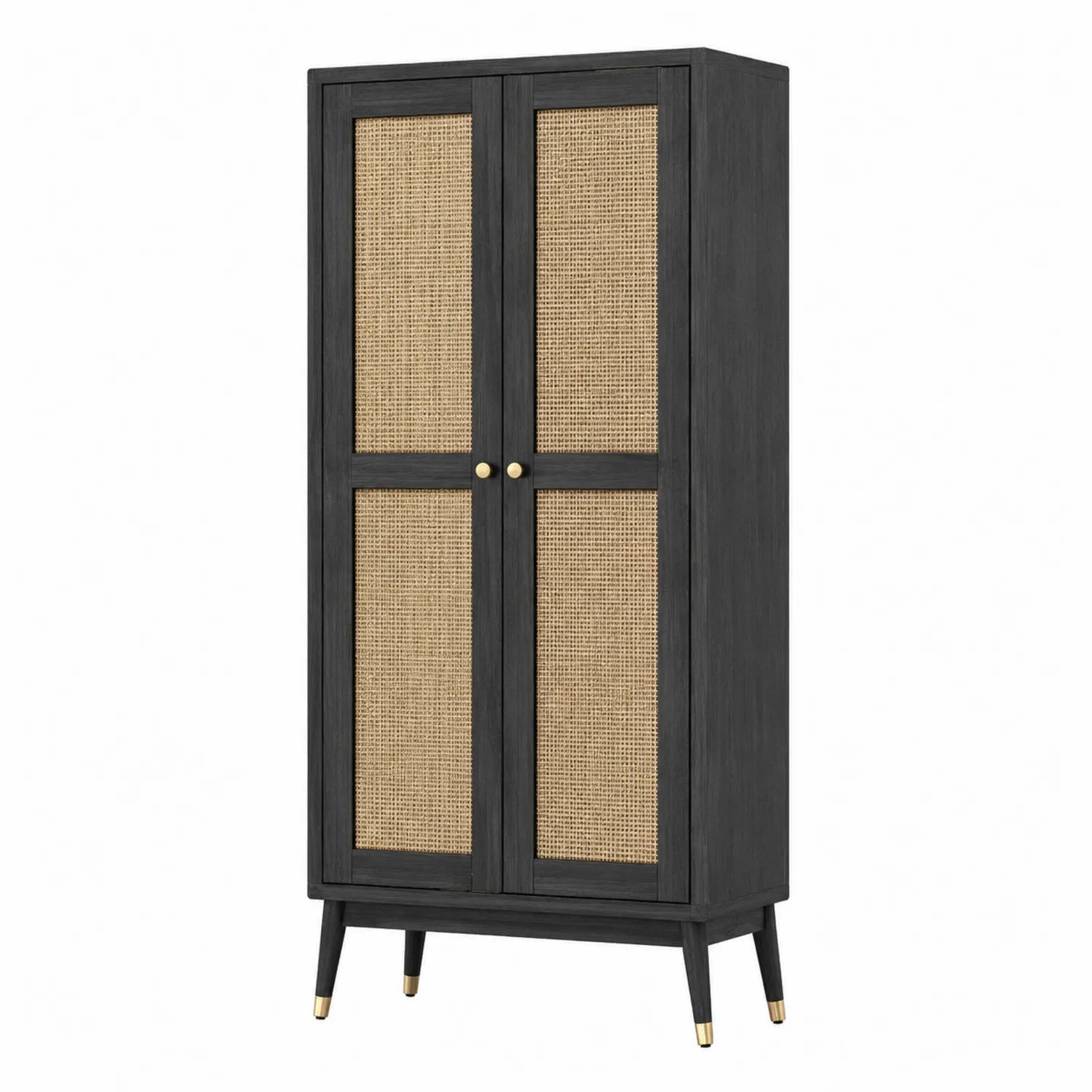 Armario de madera y ratán con puertas dobles en negro