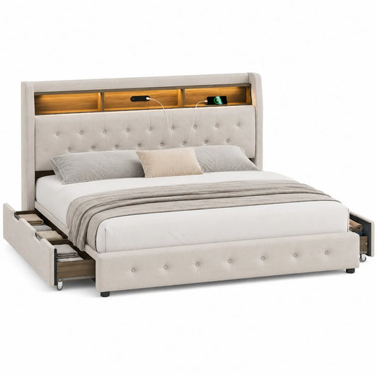 Cama doble con cabecero de almacenamiento y cajones laterales Beige