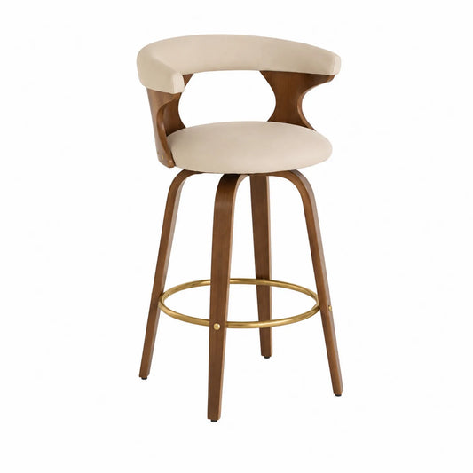 Taburete giratorio de madera y metal con asiento beige