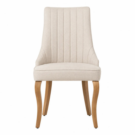 Silla de comedor en tela beige con patas de madera