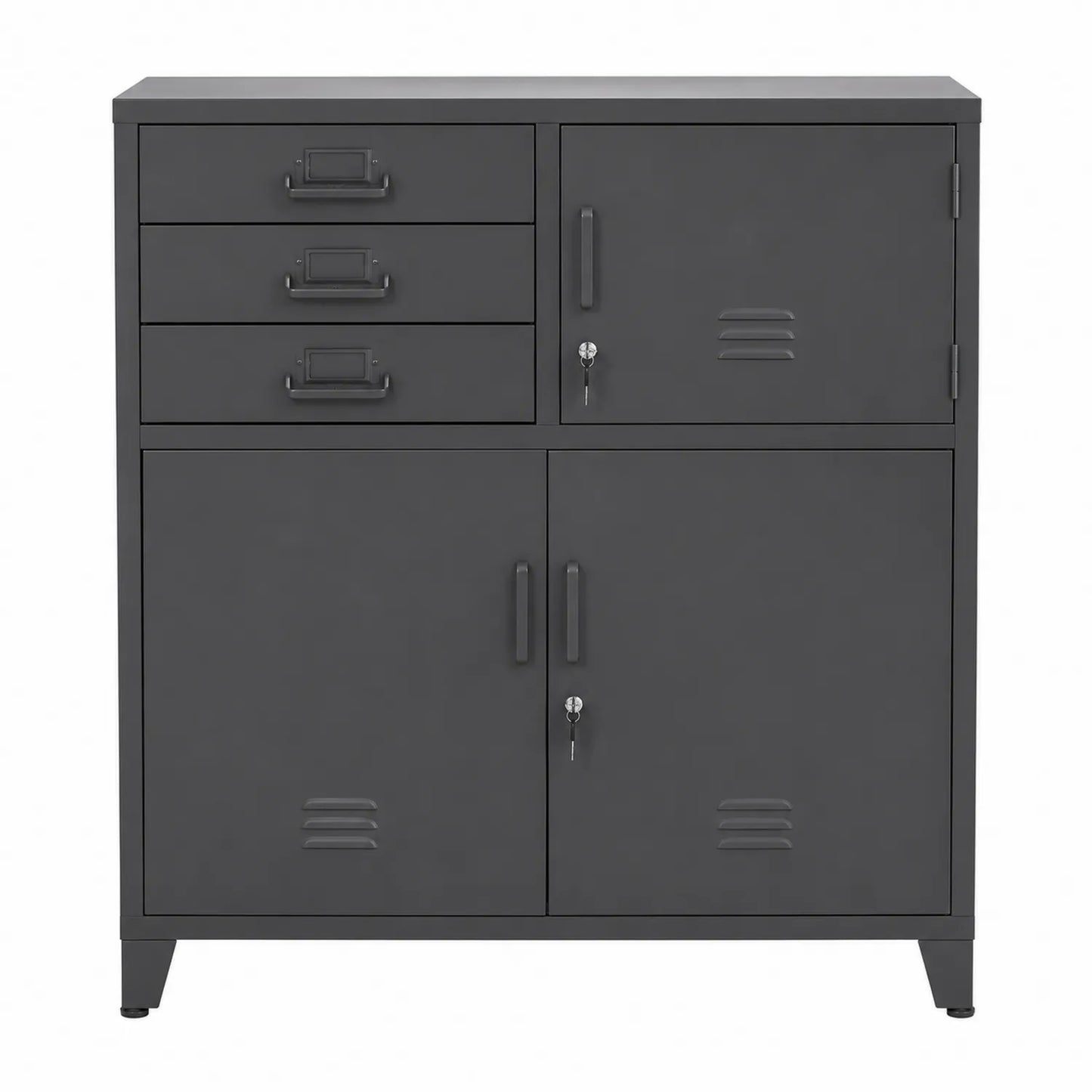 Gabinete de metal con cerradura y 3 cajones gris