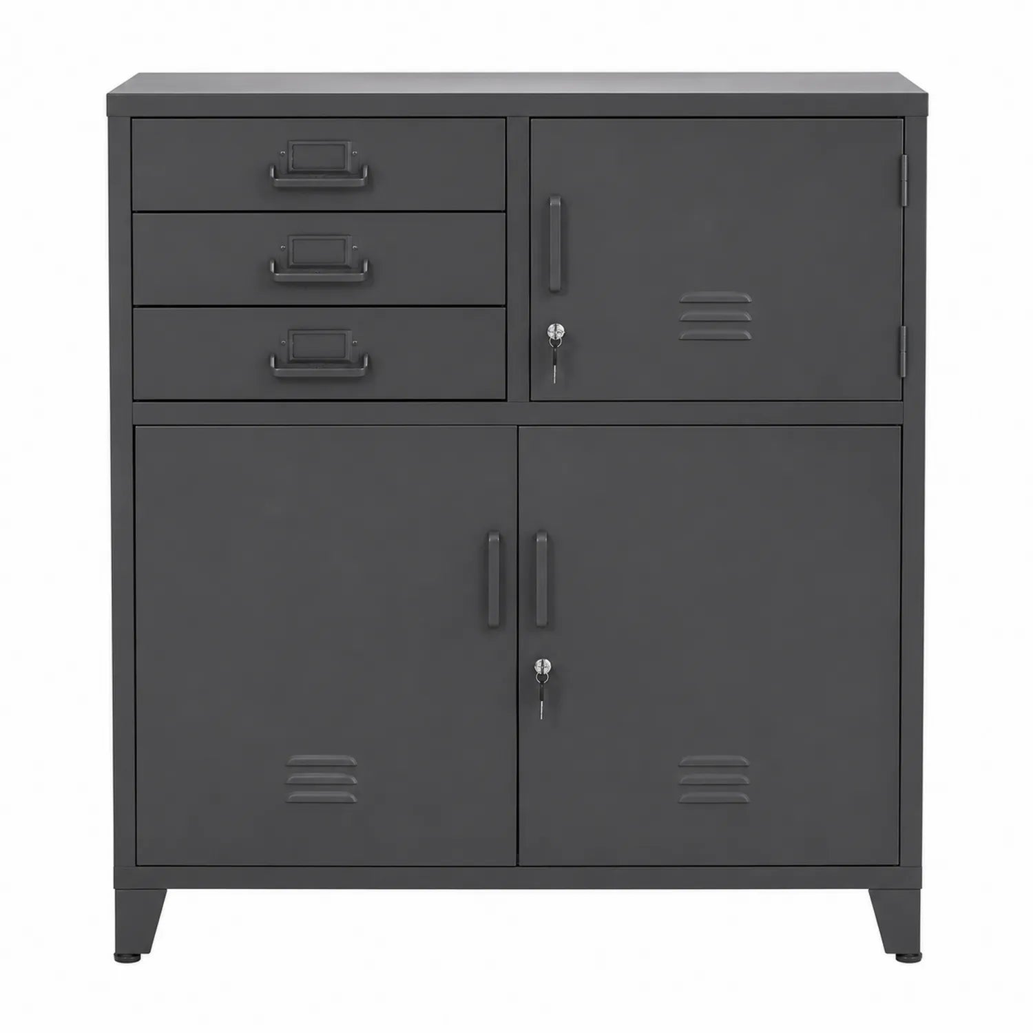 Gabinete de metal con cerradura y 3 cajones gris