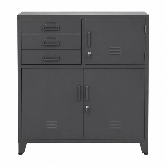 Gabinete de metal con cerradura y 3 cajones gris