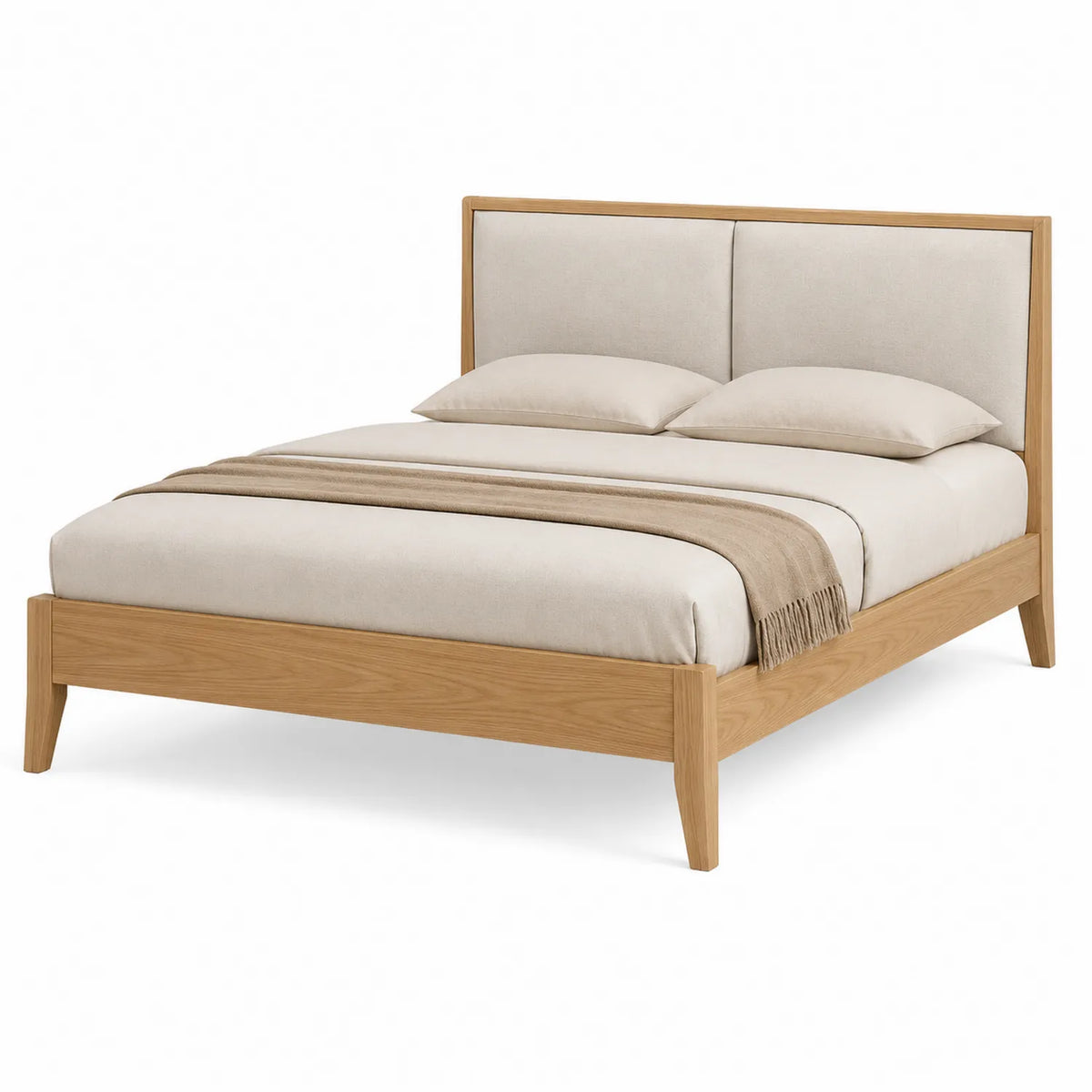 Cama de madera de roble con cabecero tapizado en poli¨¦ster beige
