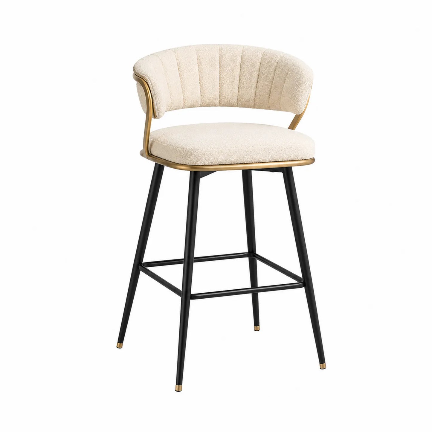 Taburete de bar con respaldo de espuma tapizado en tela beige y patas de acero negro