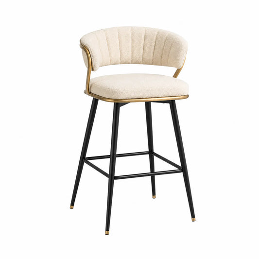Taburete de bar con respaldo de espuma tapizado en tela beige y patas de acero negro