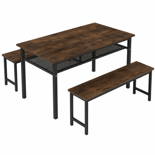 Conjunto de Mesa y Bancos de Comedor Rectangular de MDF y Metal Marr¨®n 120x70x75cm