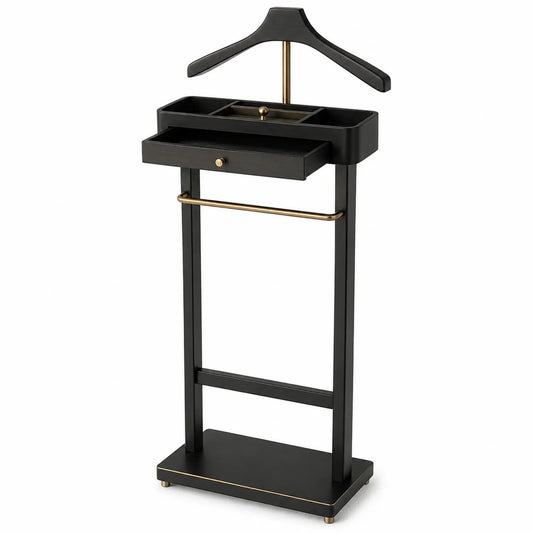 Perchero valet de madera y metal negro con bandeja y caj¨®n