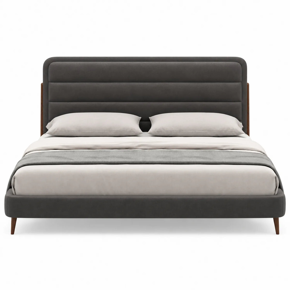 Cama tapizada de tela gris oscuro con cabecera acolchada y estructura de madera 200x160 cm