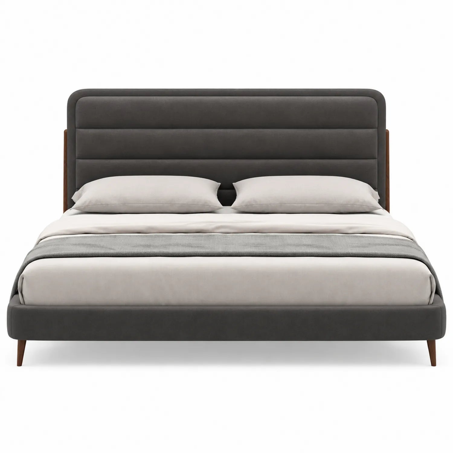 Cama tapizada de tela gris oscuro con cabecera acolchada y estructura de madera 200x160 cm