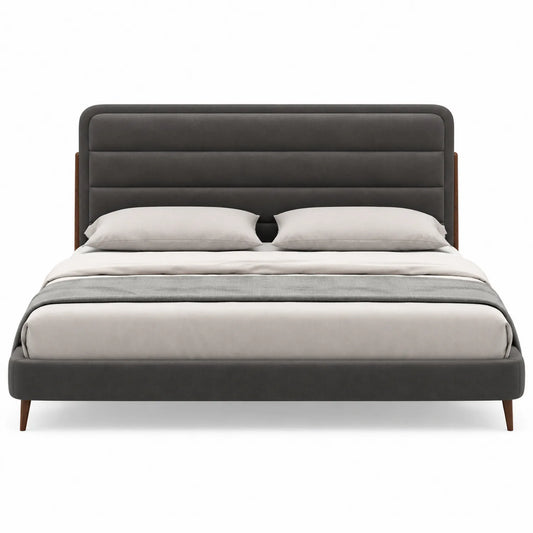 Cama tapizada de tela gris oscuro con cabecera acolchada y estructura de madera 200x160 cm