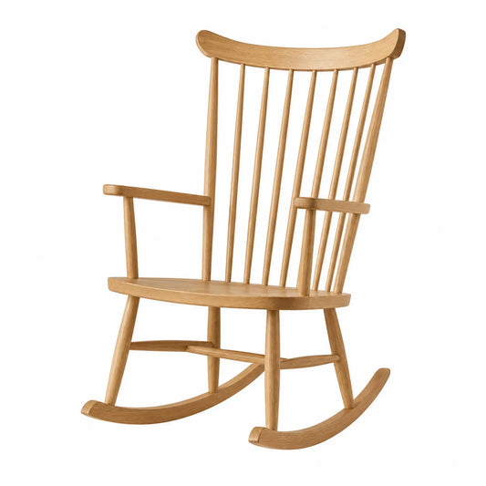 Mecedora de madera de roble con respaldo alto