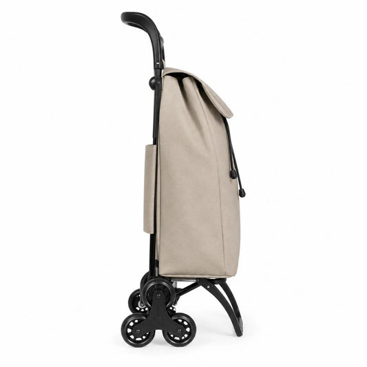 Carro de compra de acero con ruedas triples y bolsa de poli¨¦ster beige