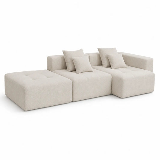 Sof¨¢ modular de 3 plazas con chaise longue en tela de boucl¨¦ crema