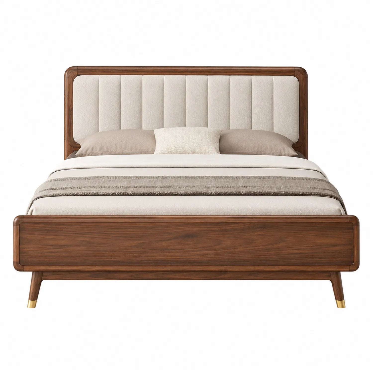 Cama de madera con cabecero acolchado de tela beige 200x160 cm