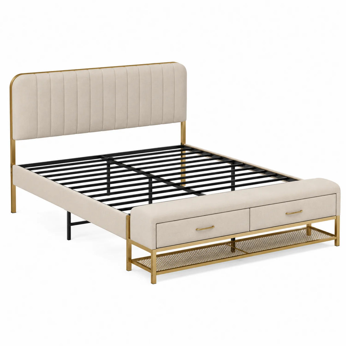 Cama doble con cabecero acolchado y cajones de almacenamiento de poli¨¦ster y metal