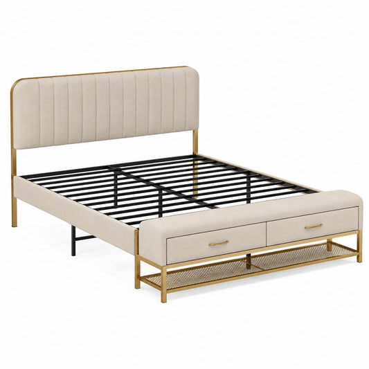 Cama doble con cabecero acolchado y cajones de almacenamiento de poli¨¦ster y metal