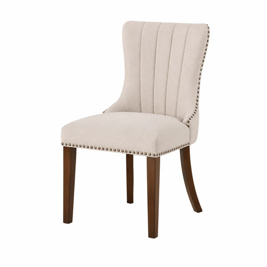 Silla de comedor de tela beige con patas de madera