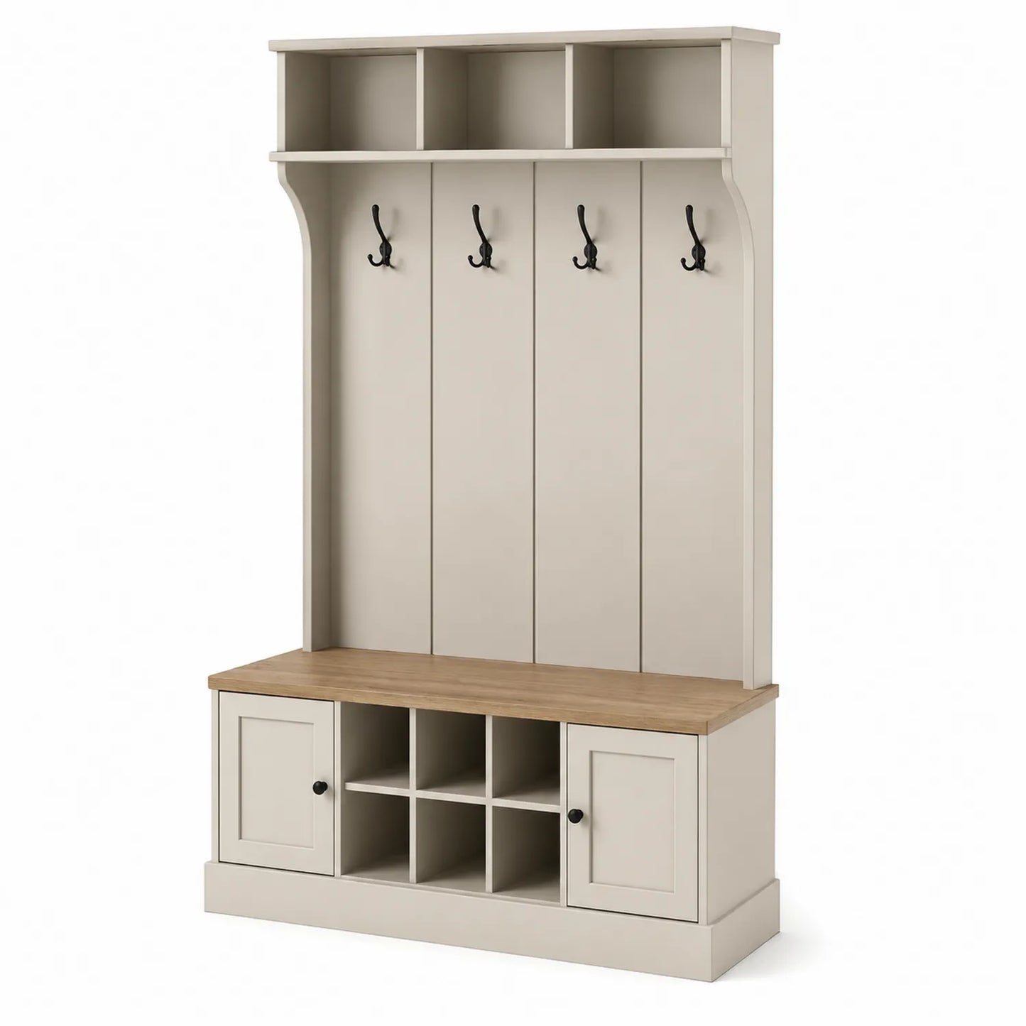Organizador de entrada de madera con ganchos met¨¢licos y superficie de roble 180x100x40 cm