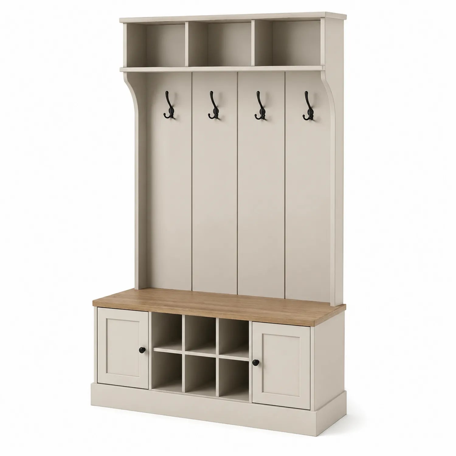 Organizador de entrada de madera con ganchos metálicos y superficie de roble 180x100x40 cm