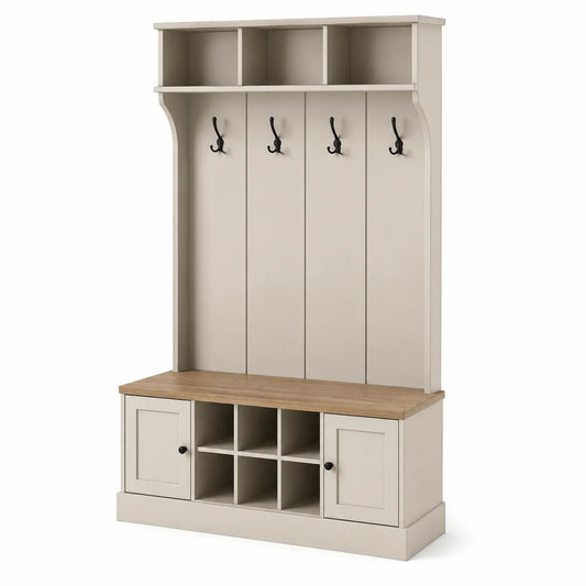 Organizador de entrada de madera con ganchos met¨¢licos y superficie de roble 180x100x40 cm