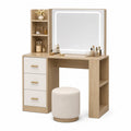 Tocador de MDF Roble con Espejo Iluminado y Taburete Beige