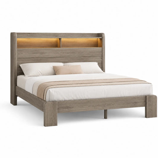 Cama de madera con luz LED y almacenamiento 200x160 cm color Roble