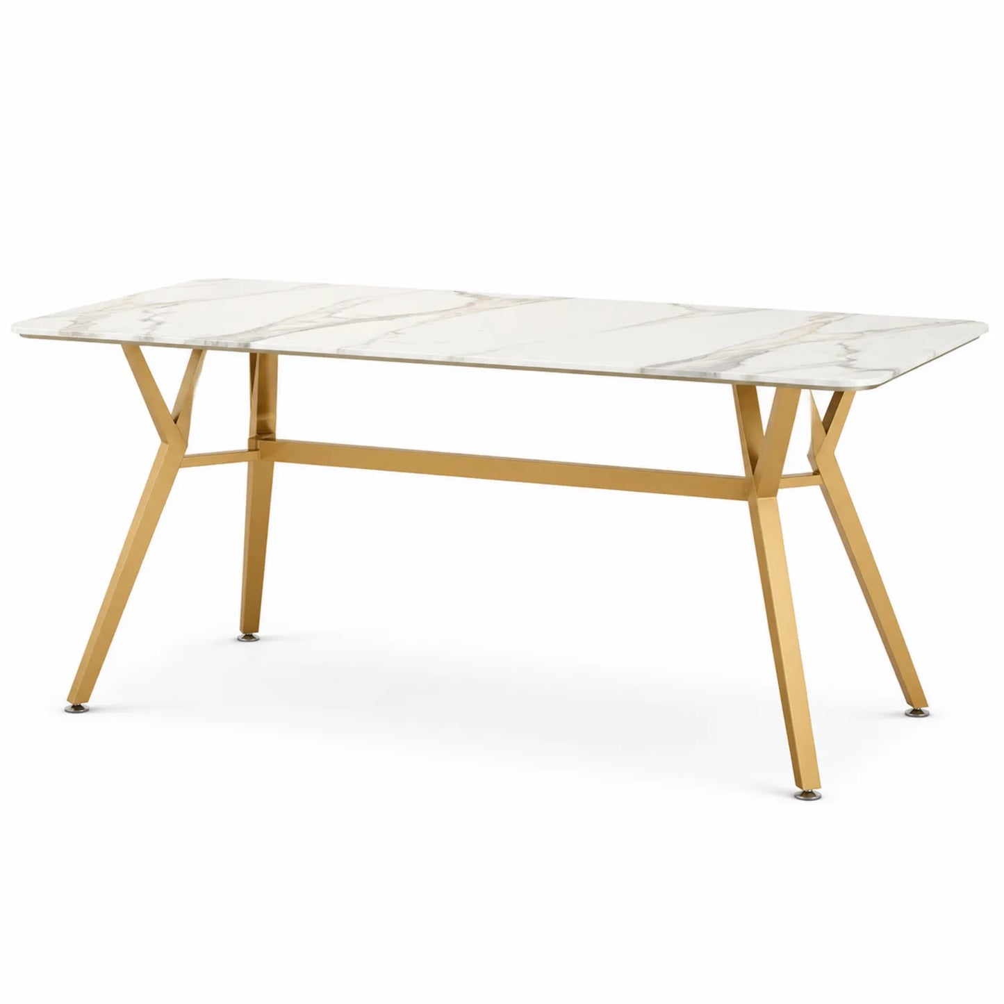 Mesa de comedor de vidrio templado con efecto m¨¢rmol y patas de acero dorado 180x90x75 cm