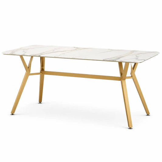Mesa de comedor de vidrio templado con efecto m¨¢rmol y patas de acero dorado 180x90x75 cm