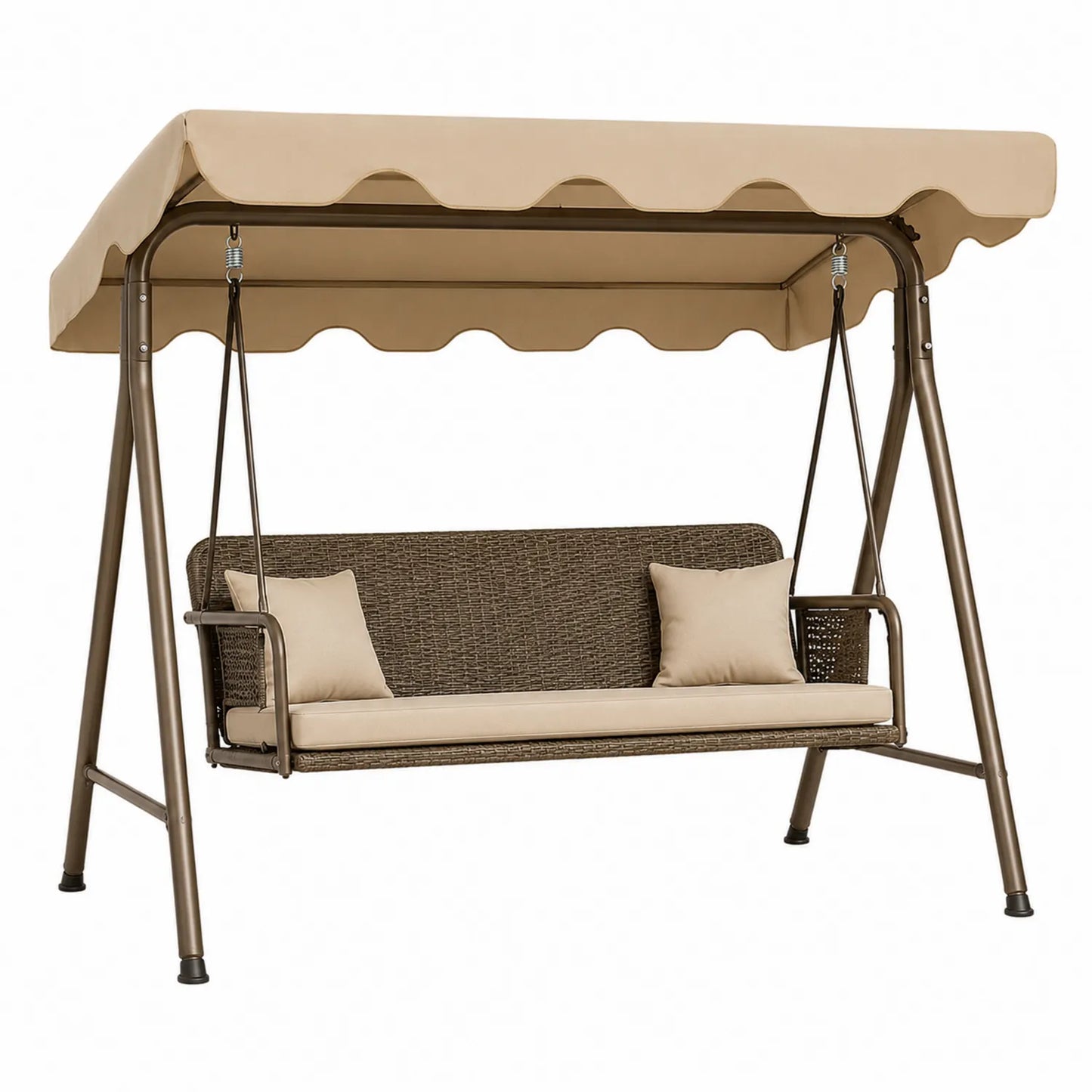Columpio de Jard¨ªn 3 Plazas Metal Rat¨¢n Sint¨¦tico Cojines Beige