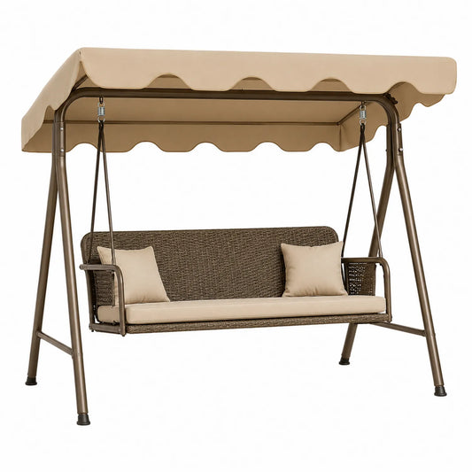 Columpio de Jard¨ªn 3 Plazas Metal Rat¨¢n Sint¨¦tico Cojines Beige