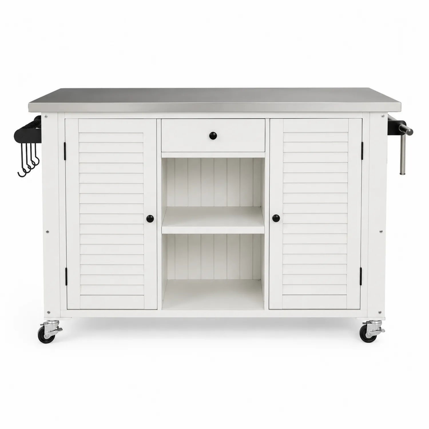 Carrito de cocina con encimera de acero inoxidable y estantes blanco