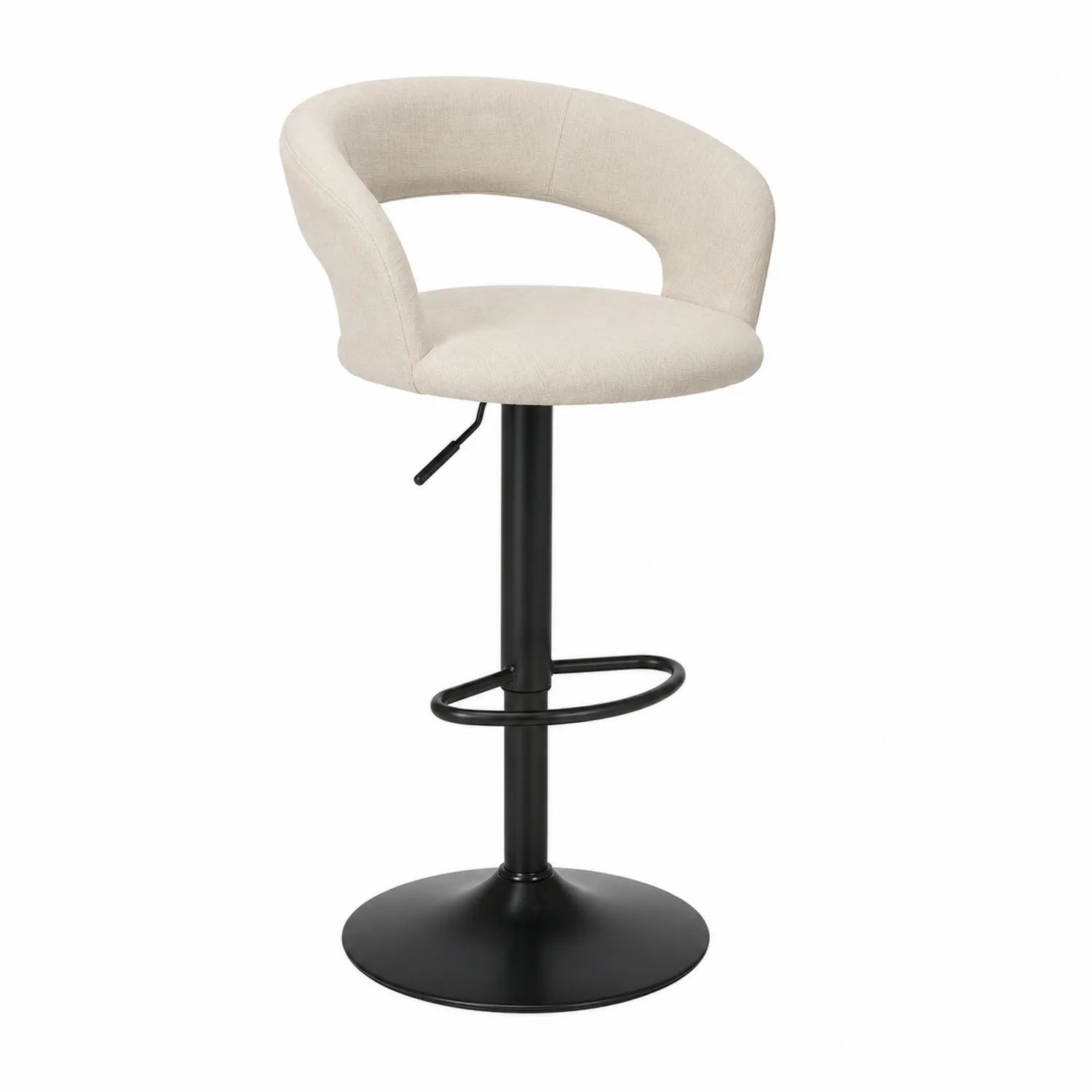 Taburete de bar ajustable con respaldo de tela y base de metal negro
