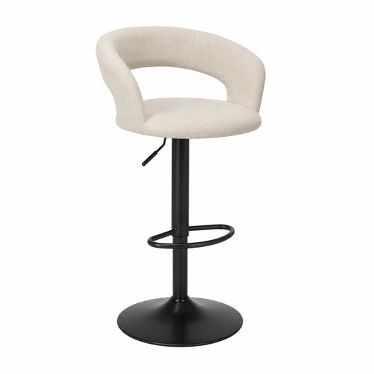 Taburete de bar ajustable con respaldo de tela y base de metal negro