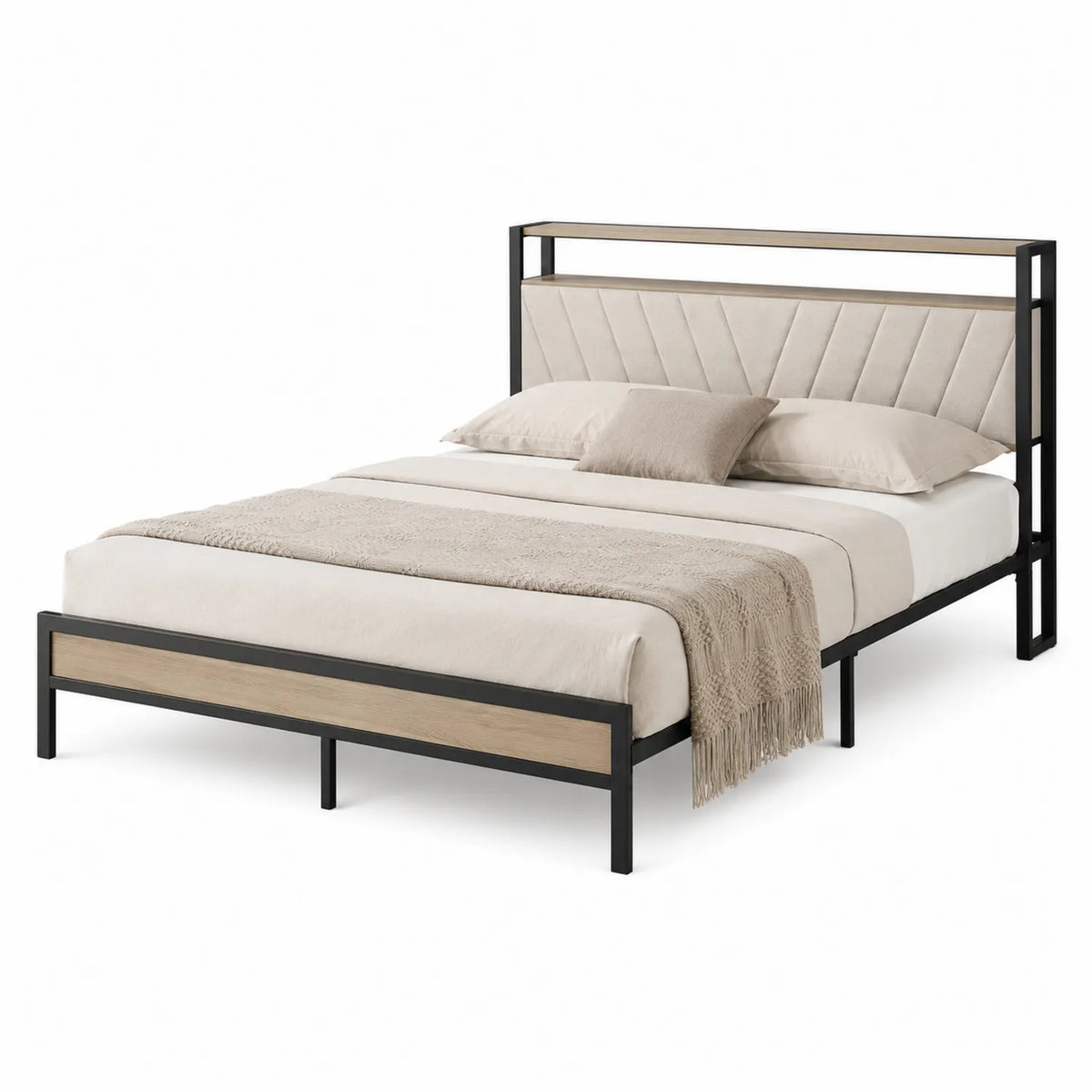 Cama doble de metal y madera, estructura negra y beige