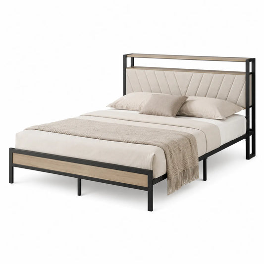 Cama doble de metal y madera, estructura negra y beige
