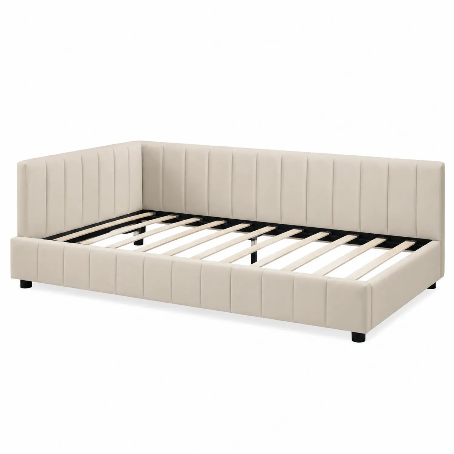 Cama nido de esquina tapizada en cuero sintético beige 200x90 cm