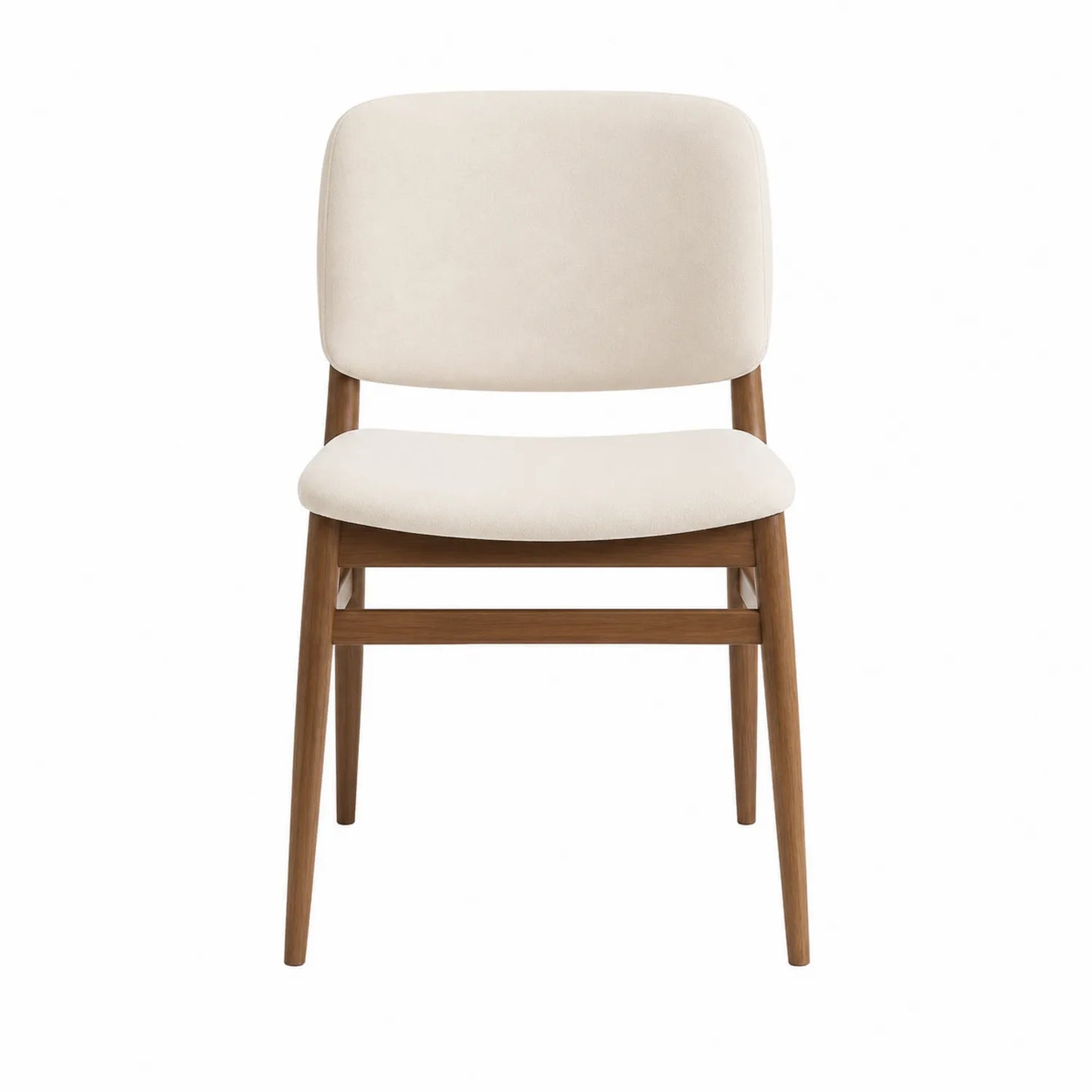 Silla tapizada beige con estructura de madera maciza