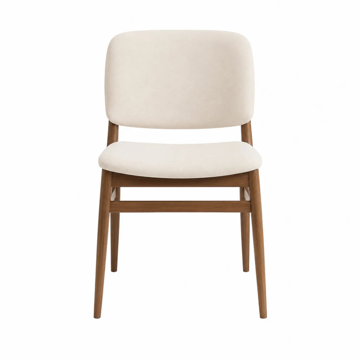 Silla tapizada beige con estructura de madera maciza