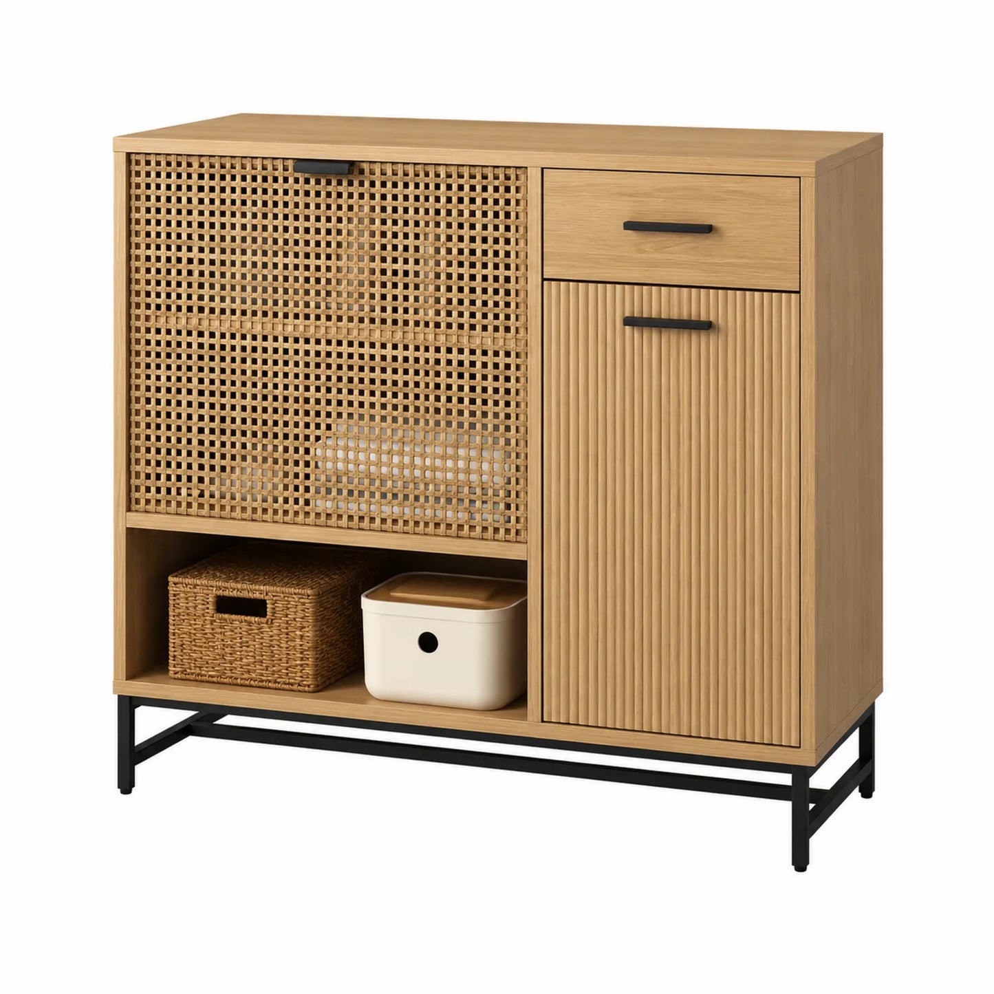 Aparador de Madera con Puerta de Rat¨¢n y Estructura de Metal 80x40x90cm