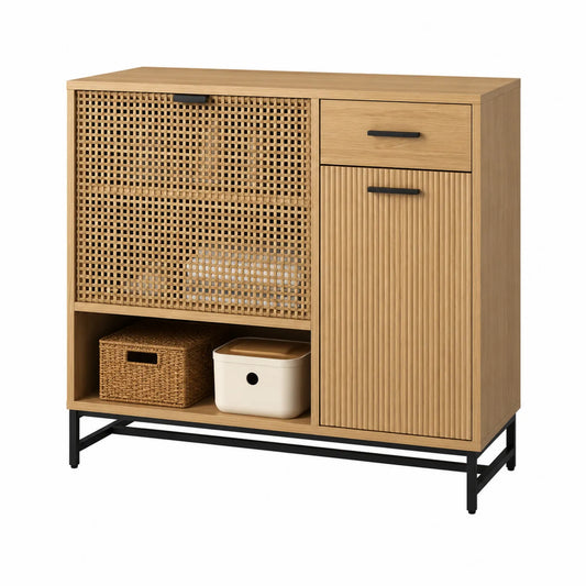 Aparador de Madera con Puerta de Rat¨¢n y Estructura de Metal 80x40x90cm
